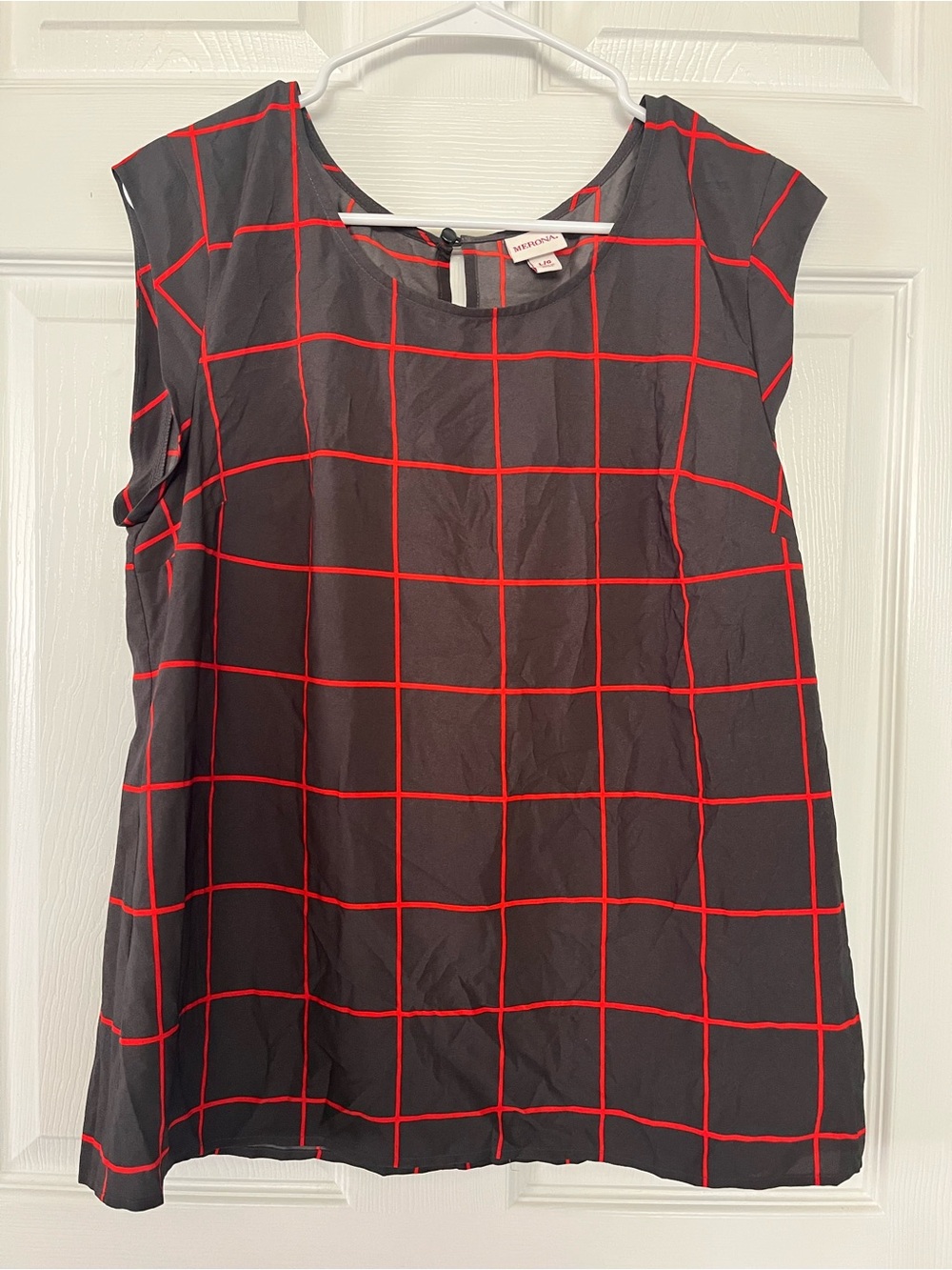 Black Sleeveless Top with Grey and Red Windowpane Grid